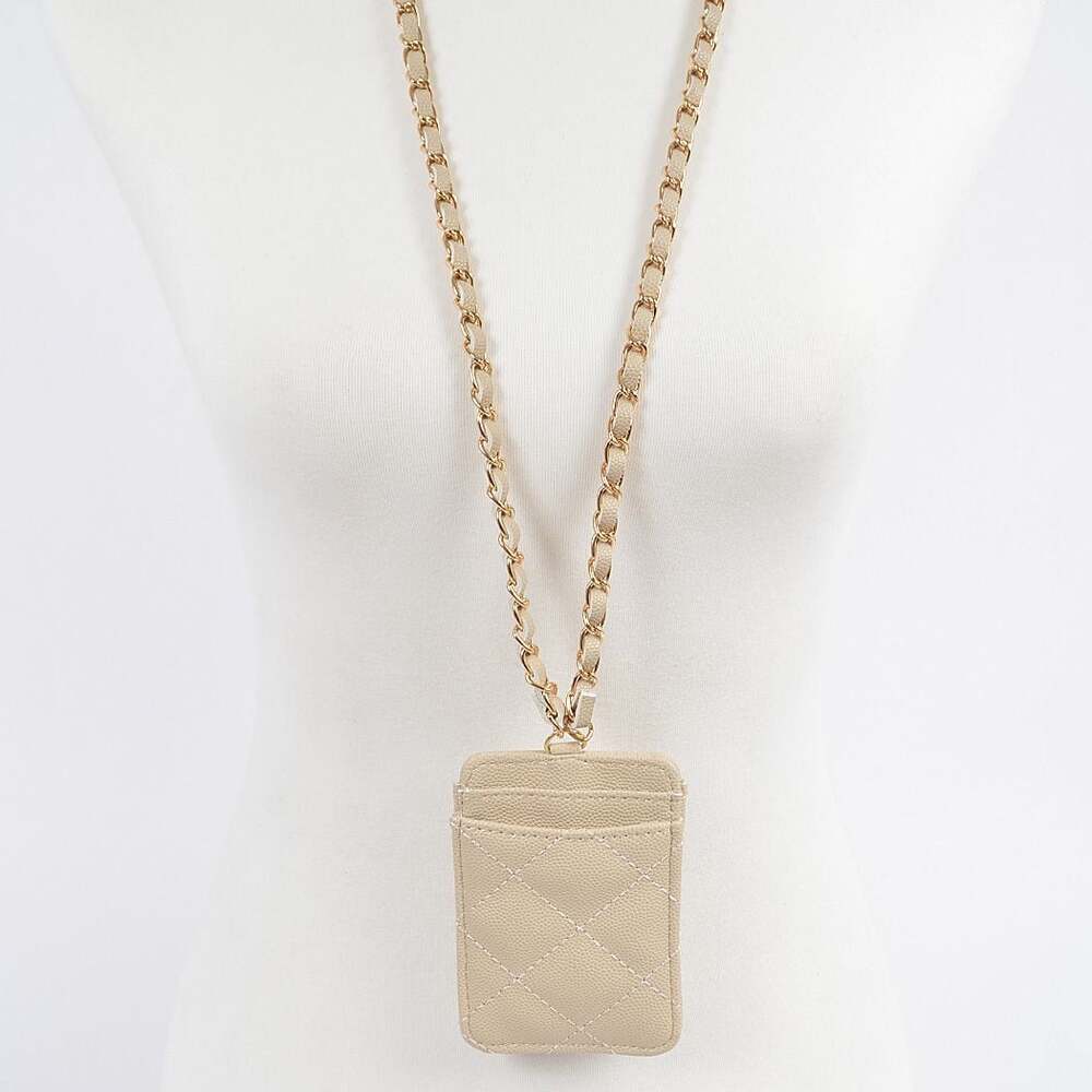Quilted Faux Leather Card Wallet with Removable Chain Lanyard